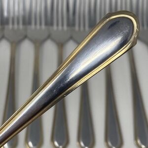 Lot of 11 Hampton Silversmiths HSV198 Stainless 4-Tine Dessert Fork 7" Gold Trim